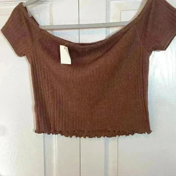 NWT Aeropostale Womens Brown Short Sleeve Crop Top|Ruffled Bottom|Size L - Picture 3 of 6